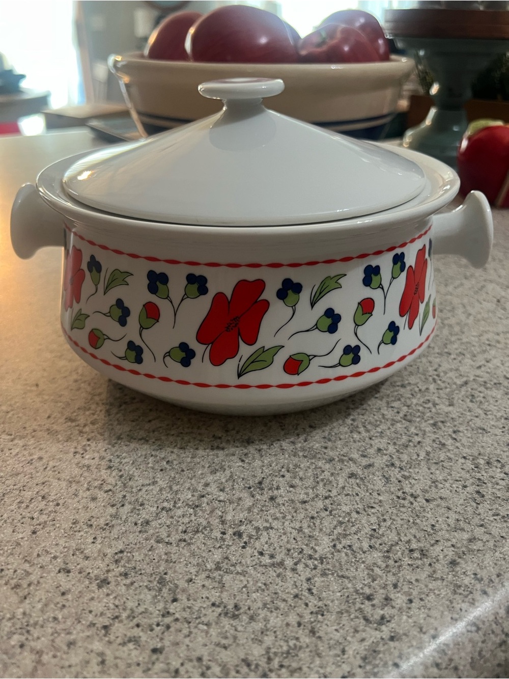 Goodwood 1970’s White Ceramic Covered Casserole with Red Floral Pattern